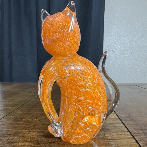 Vtg Murano Style Art Glass Orange Cat Kitten Curled Tail Venetian 6" Figurine