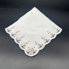 Vintage White Cotton Handkerchief Embroidered Flowers Scalloped Edges Pink Blue
