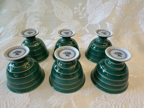 Vintage Japanese Porcelain Sake Cup Footed Set 6 Green & Gold Mark - Picture 5 of 12