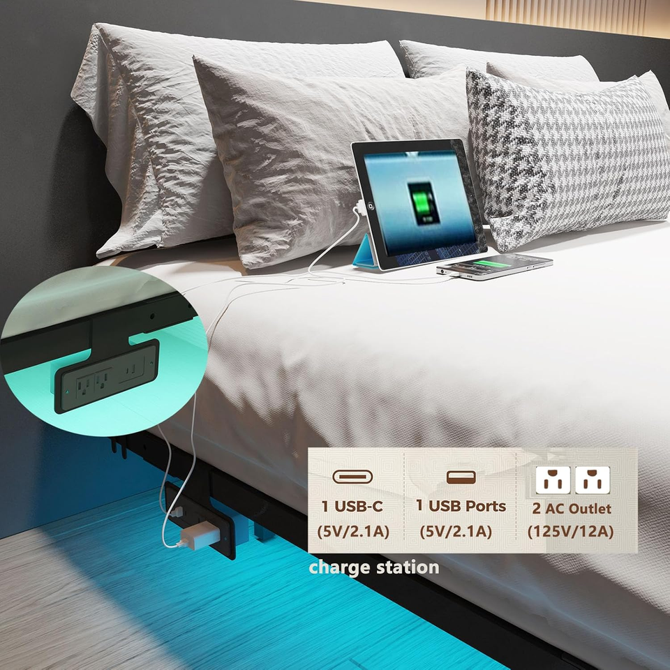 Floating Bed Frame King Size with Charging Station and LED Lights