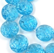 13mm Czech Pressed Glass Carved pattern Disc Beads - Aqua Blue 13pc