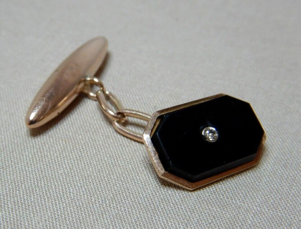 ANTIQUE 9ct GOLD CUFFLINKS SET WITH BLACK ONYX AND D… Gem