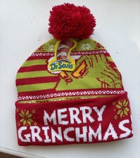 Dr. Seuss NEW Grinch "Merry Grinchmas" Pom-Pom Beanie One Size Fits Most NWT
