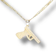 Glock Gun iced Cz Pendant 14k Gold Plated 20" Figaro Chain Mens Hip Hop