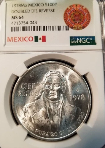 1978 MEXICO SILVER 100 PESOS S100P DOUBLED DIE REVERSE NGC MS 64 SCARCE COIN !!