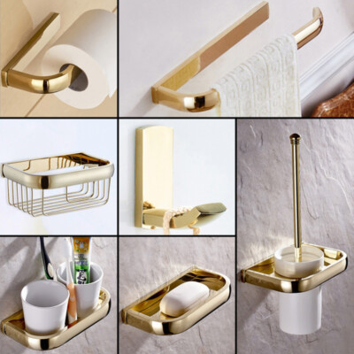   Luxury Gold Color Brass Bathroom Accessories Set Towel Rail Rack Wall Mounted 