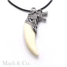 Wolf Head Pendant Stainless Steel Simulated Ivory Fang Leather Cord Necklace
