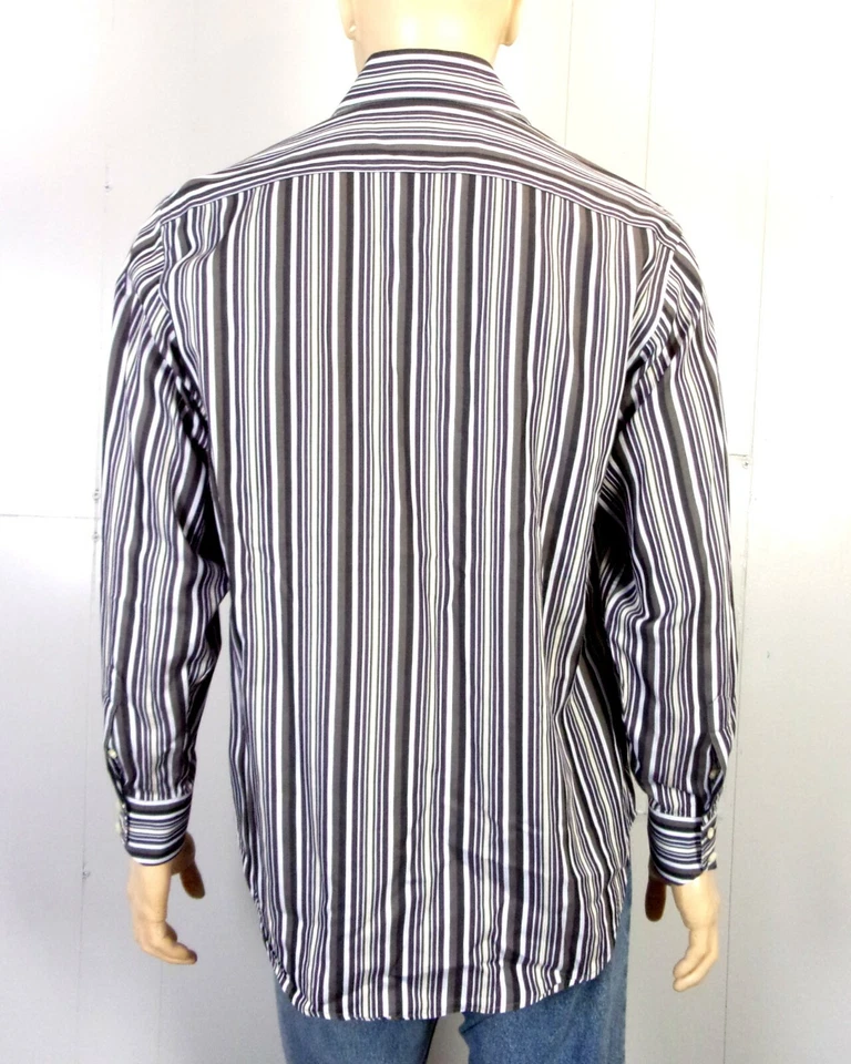 euc Thomas Dean Brown Gray Striped Button Down Dress Shirt Pima Cotton sz M - Image 2 of 3