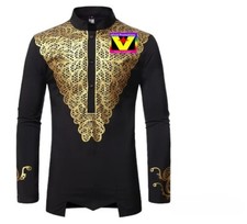 Men's Luxury African Print Long Sleeve Dashiki Shirt V logo not on shirts 