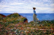 Impressionism Oil painting young woman standing in summer landscape Hand painted