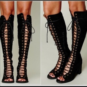 Jeffrey Campbell Free People Perspective Open Toe Lace Up Boots Black Suede 8 5 Ebay