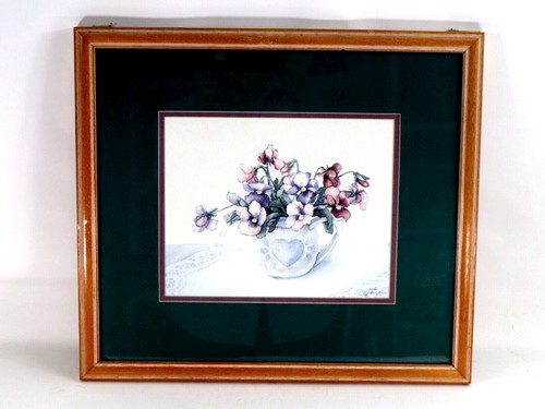 Jodi Jensen Signed Print Blue Heart Teapot Flowers Pansies Wood Framed Matt Read
