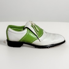 Vintage USA Made White Lime Green Saddle Golf Shoes Kiltie Fringe Softspikes 10D