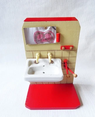 WASCHBECKEN aus PORZELLAN-HOLZKONSOLE-SPIEGEL für PUPPENBADEZIMMER 1950er JAHRE - Bild 1 von 4