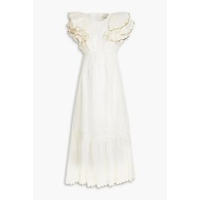 Zimmermann Midi Dress Dancer Scalloped Ruffled Linen Silk NEW Ivory Size 1