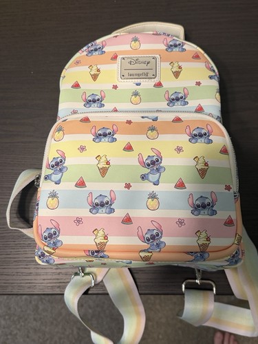 Loungefly Disney Stitch Mini Backpack Striped Multicolor Faux Leather, Zip