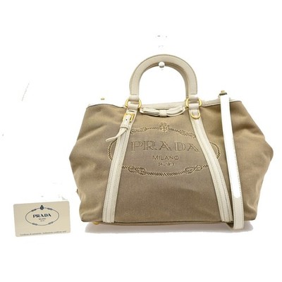 PRADA Jacquard 2way Shoulder Hand Bag Canvas Leather Beige White Italy 65KD221