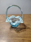 Fenton Art Glass  Turquoise Opalescent Basket Weave Open Edge Handled Basket