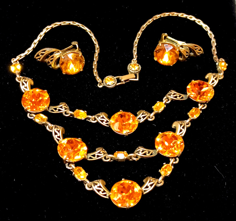 Rare Vintage Hollycraft 1952 Orange Topaz Rhinestone Necklace Clip Earrings Set