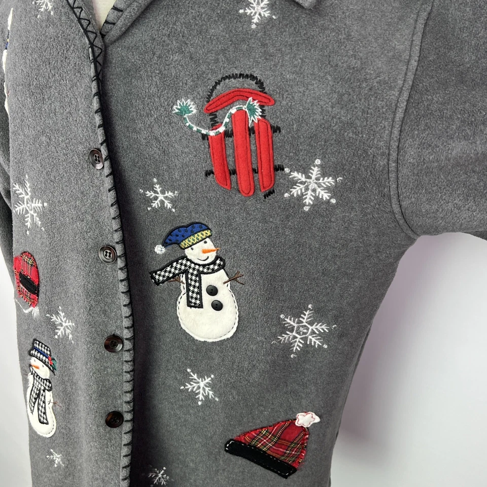 Capacity XL Gris Bordado Navidad Vellón Abotonado Chaqueta Muñeco de Nieve Trineo Navidad Foto 3 de 4