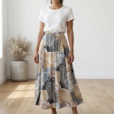 Vintage 90s Button Front Maxi Skirt Floral Patchwork Stretchy Waist Boho M L