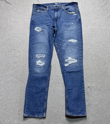 Old Navy Jeans Mens 36 X 32 Slim Fit Distressed Patchwork Medium Wash Denim