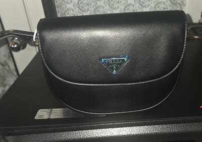 PRADA Black Solid Shoulder Bag Logo Accent Small Silver Hardware Dust Bag