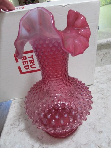 Vintage Signed Fenton Pink Hobnail Vase With Tulip Top 11 Inches