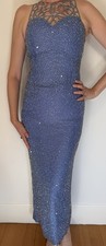 Vintage 90s Scala Blue 100 Silk Beaded Lattice High Neck Gown Size M