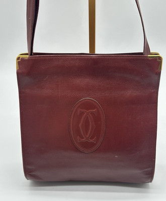 Vintage Must de Cartier Burgundy Leather Crossbody Shoulder Bag Embossed Logo