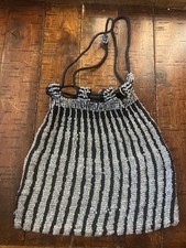Antique Clear Glass Beaded Victorian Reticule Black Drawstring Chain Purse