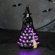 Lighted LED Purple Ceramic Halloween Witch with Broom Figurine Table Home Decor