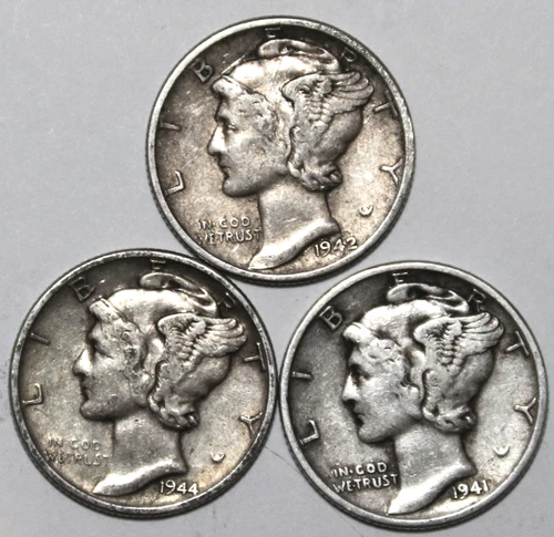 (3) Extra Fine Mercury Dimes - 1941P 1942P 1944P - #0737ED FREE SHIPPING