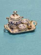 Dollhouse Blue White Gold Soup Tureen with Bowls by Reutter Porcelain 1:12 Scale