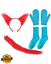 Red Fox Ears Headband Tail Blue Mittens Socks Costume Set