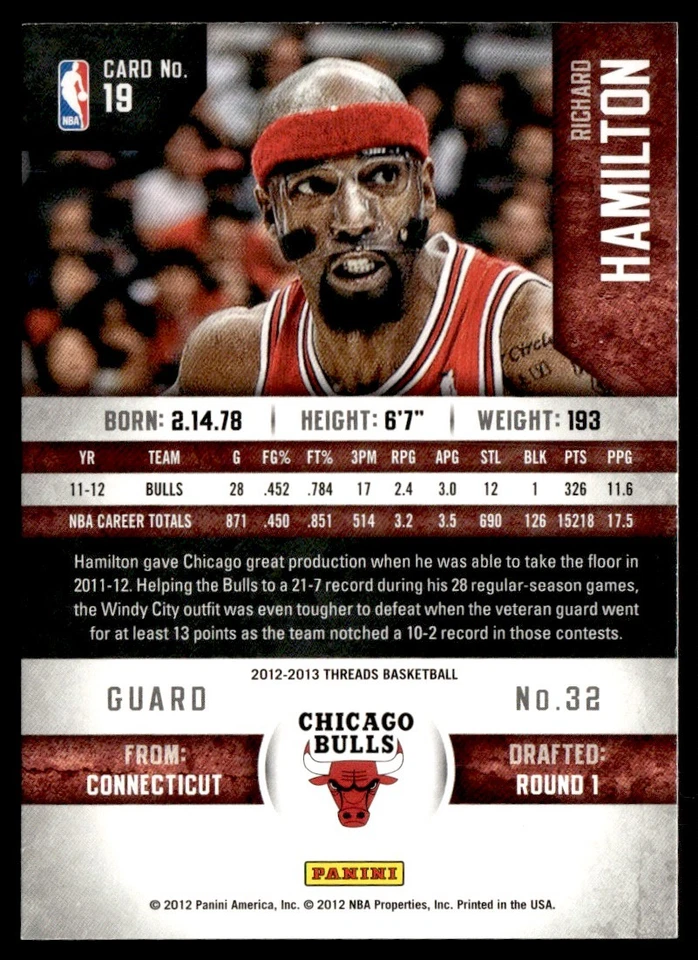 2012-13 Panini Threads Richard Hamilton Chicago Bulls #19 - Image 2 of 2
