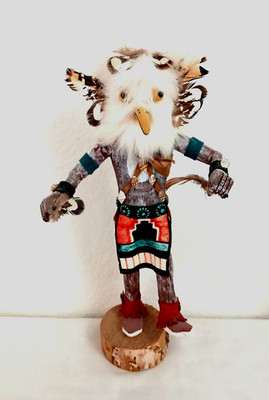 Navajo handgeschnitzte bemalte Holz ''Eule'' mit türkisfarbenem Gürtel unsigniert Kachina 10,8''