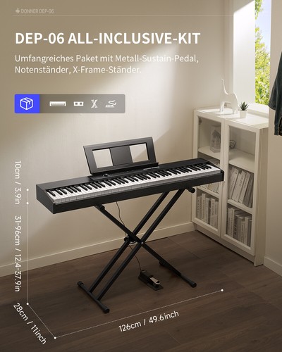 Donner DEP-06 Digitalpiano 88 Halbgewichtet Tasten mit Ständer Sustain-Pedal - Bild 3 von 9