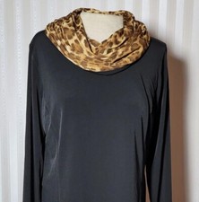 Simonton Says Women Sz M Black Slinky Long Sleeve Top Leopard Cowl Neck USA Made