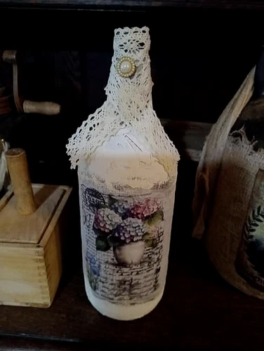 Farmhouse Style Bottle Crafted Decor Bottle Decoupage with Hydrangea