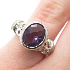 925 Sterling Silver 2-Tone Vintage Real Oval-Cut Amethyst Ornate Ring Size 5.75