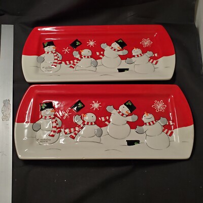 2 St Nicholas Square Let it Snow Serving Tray Platters  13 1/2  Snowman NWOB