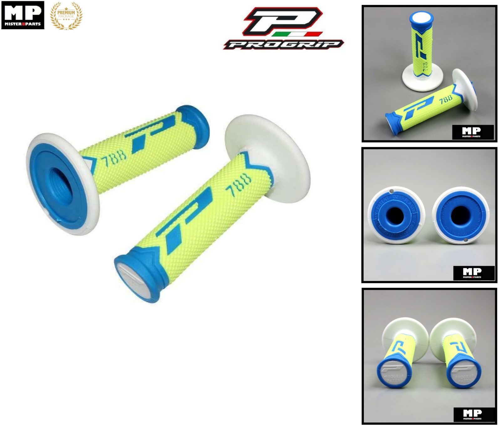 Poignées moto cross 788 bleu clair blanc jaune Pro-Grip pour guidon de cross MX et enduro