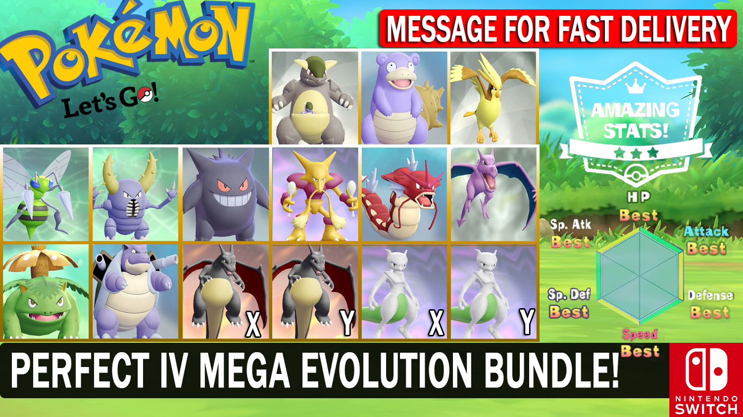 Pokemon Let's Go Pikachu & Eevee ✨ SHINY ✨6 IV MEGA Aerodactyl FAST  DELIVERY 