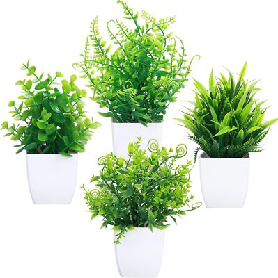 4 Pcs Fake Plants Potted Small Artificial Plants Indoor Faux Plants in  White Pot | eBay