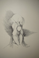 LITHO XX ORIGINALE TROMPE L OEIL CURIOSA EROTICA UOMO DONNA NUDA CARICATURA n