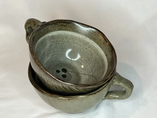 VTG Set 2 Studio Art Pottery COFFEE TEA Cups Tan White Brown Handpainted Glazed