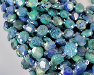 Gorgeous Star Cut Faceted 10mm Coin Chrysocolla Lapis Beads Blue Green 16'' Str