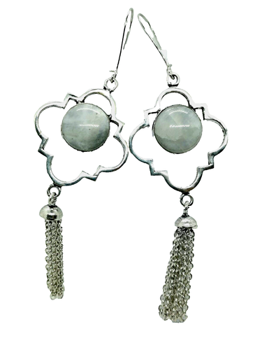 Natural White Moonstone Silver Gothic Chain Dangles Earrings (551H) - Picture 6 of 9