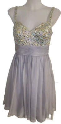 Vtg Dave & Johnny Sz 5/6 Womens Silver Jeweled Sparkling Flowy Slip Mini Dress